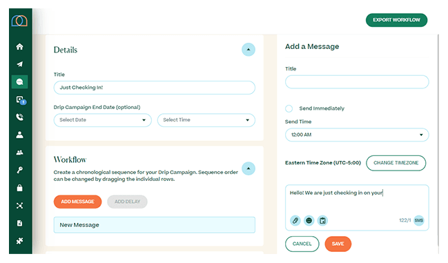 Screenshot of adding a message to a text drip campaign