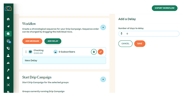 Screenshot of adding a delay to a text drip campaign