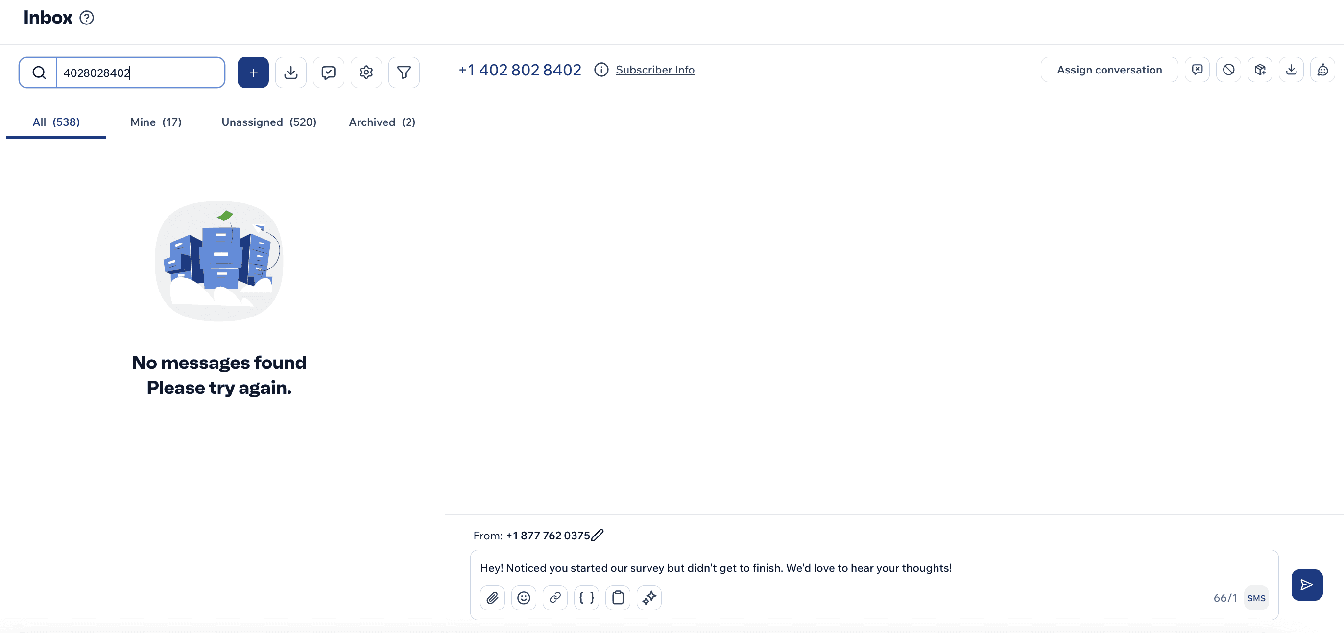 Screenshot of Mobile Text Alerts inbox page sending a survey followup