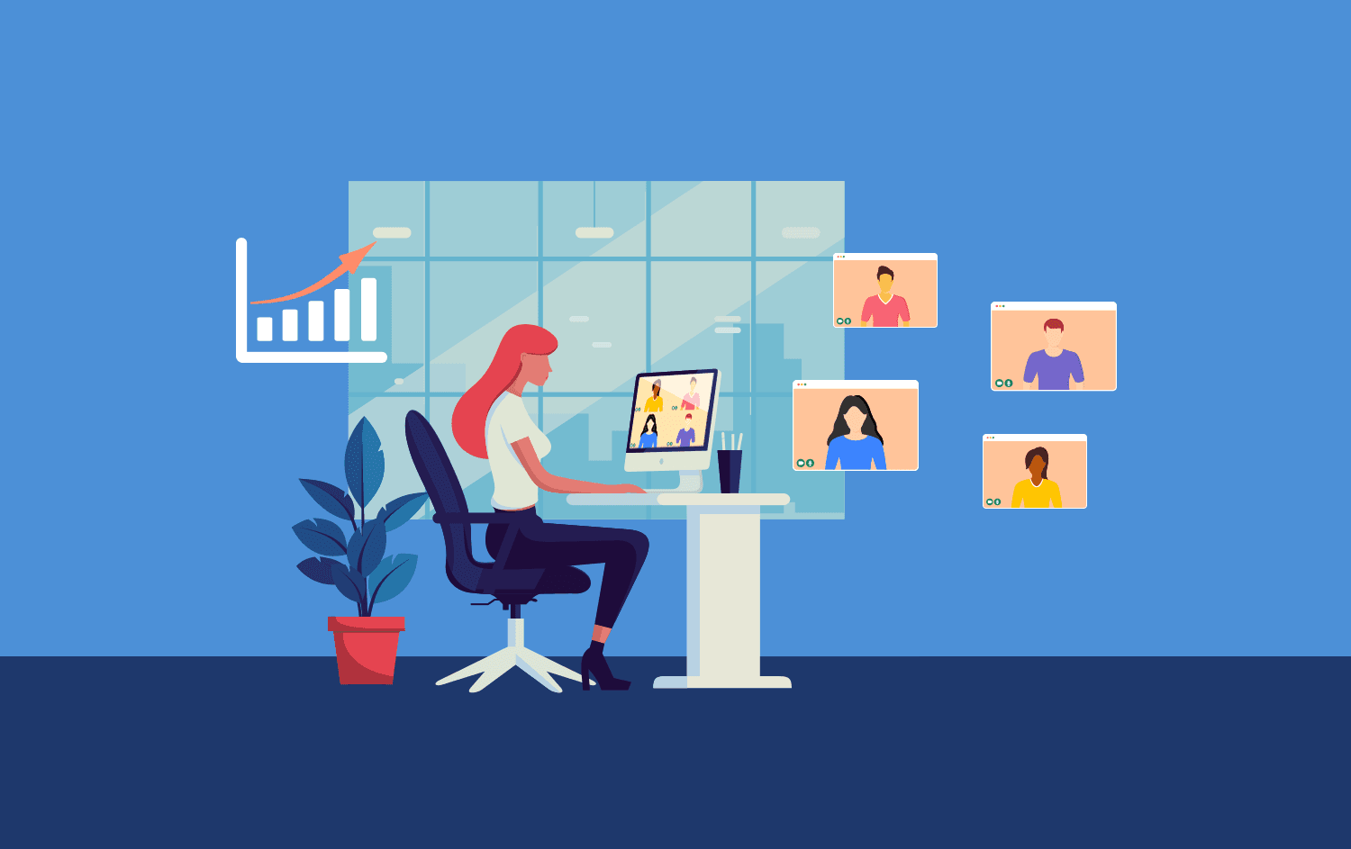 Cartoon representation of person working from their home office, hosting a webinar, with graphics indicating increasing sales