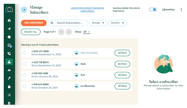 Screenshot of managing subscribers