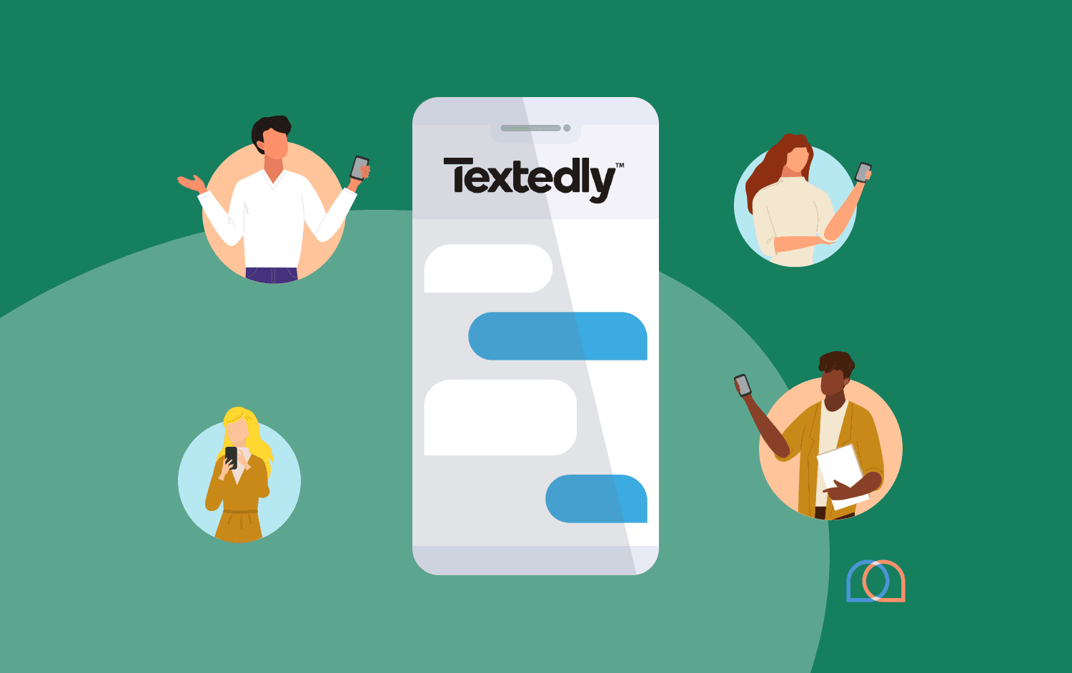 Cartoon representation of phone showing the Textedly logo and people receiving a text message, with the Mobile Text Alerts logo in the corner