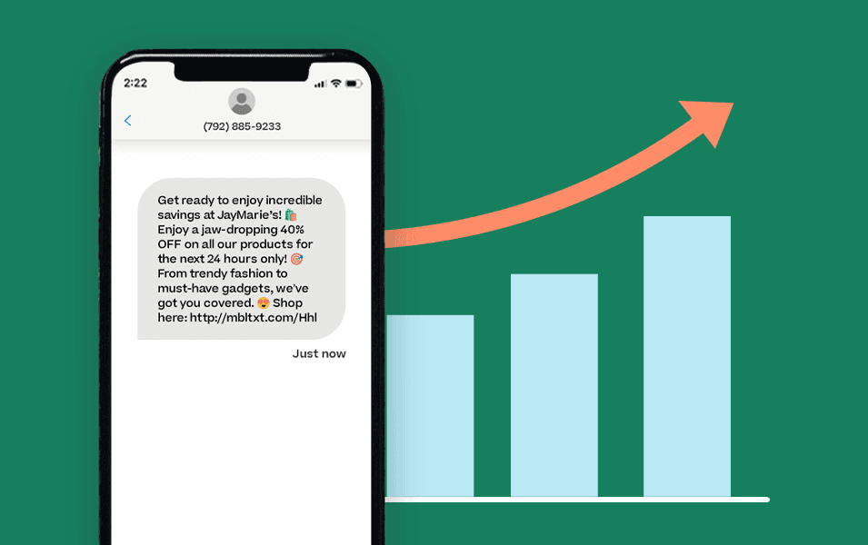 Bar graph indicating increasing sales with smartphone showing promotional text message 