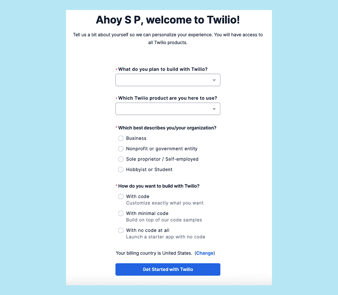screenshot of form to fill out for twilio messaging