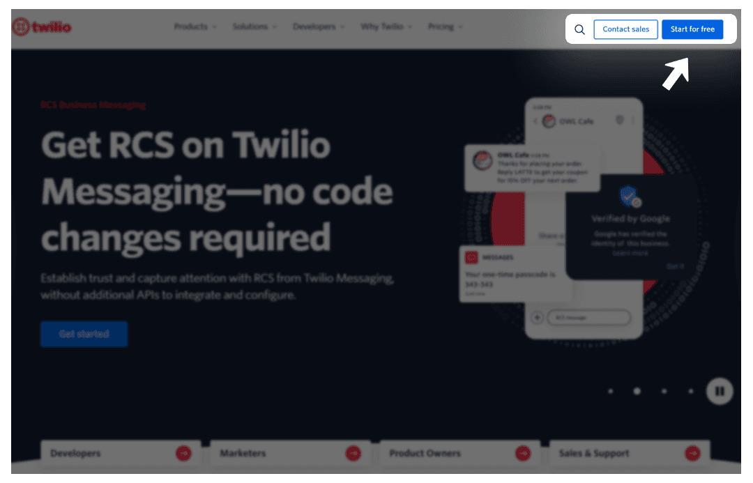 Screenshot of start for free button on twilio home page