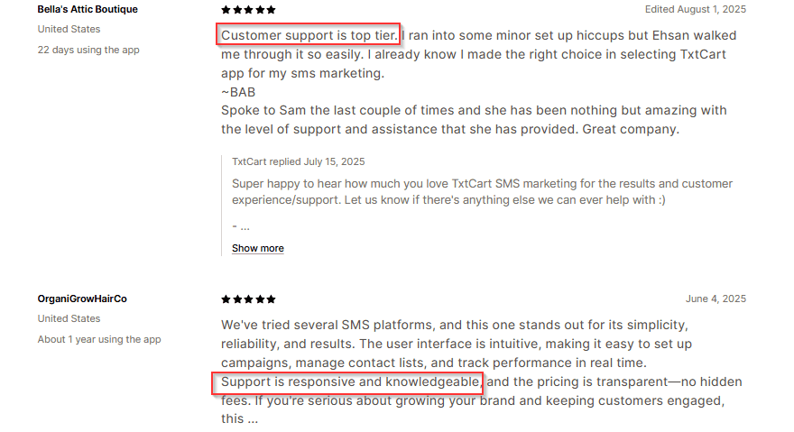 TxtCart's customer support reviews