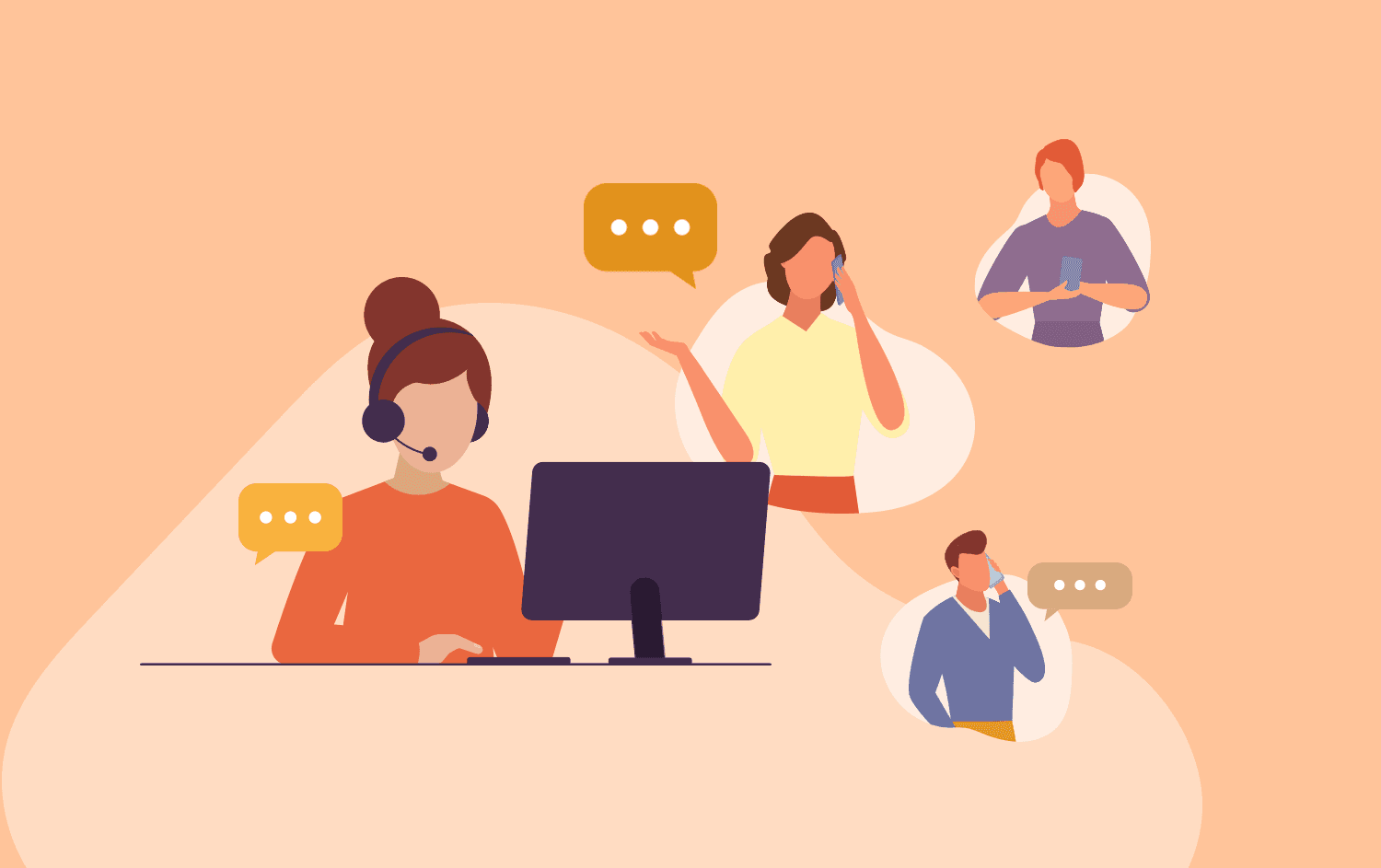 Cartoon representation of people calling, texting, and chatting with customer support on a computer; include the Vonage logo