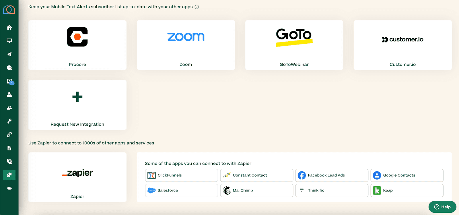 Screenshot of integrations page