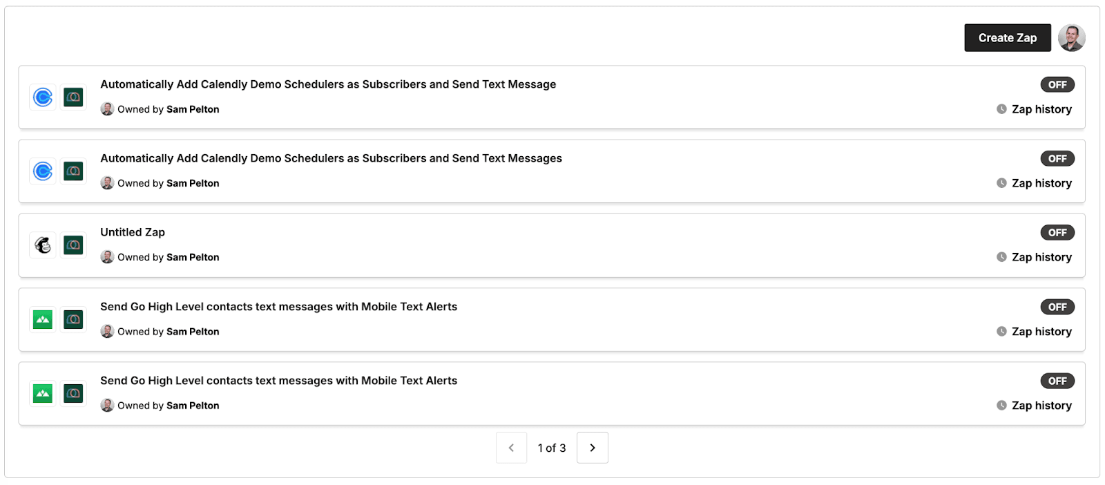 Screenshot of Zaps created