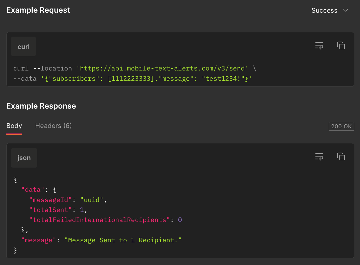 Screenshot of API call