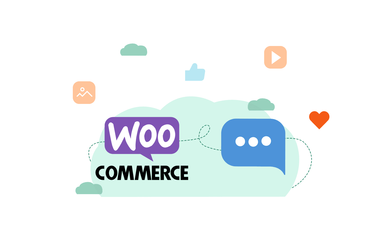 Cartoon representation showing the WooCommerce logo connecting with a text message bubble