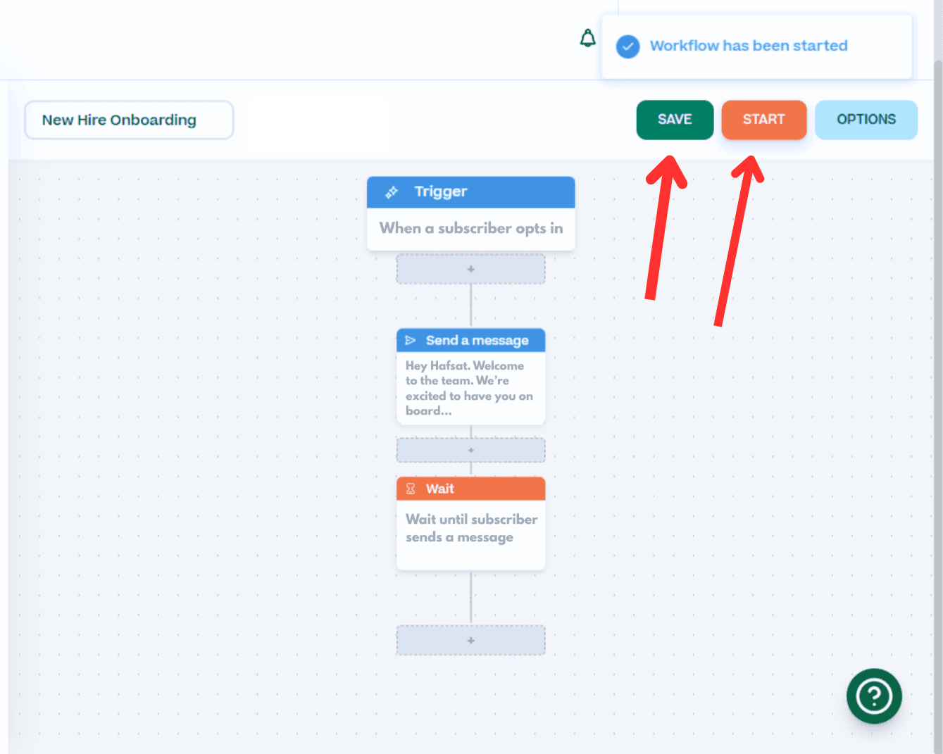 Screenshot showing how to save or start a workflow in the Mobile Text Alerts dashboard