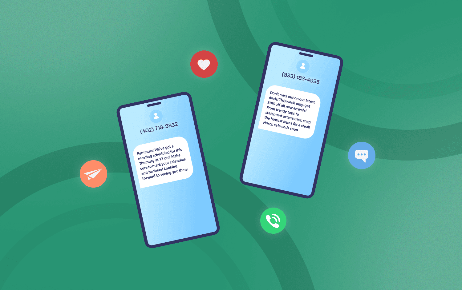 cartoon representation of 3 phones, one receiving a text message from a 10dlc phone number one receiving a text message from a toll-free phone number