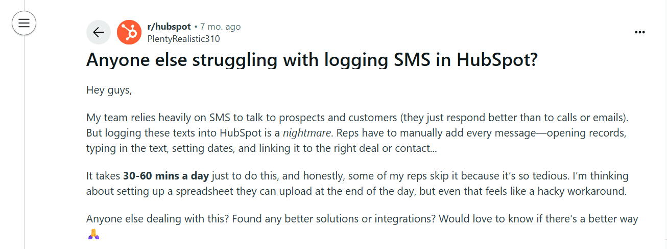 HubSpot SMS integration question on Reddit