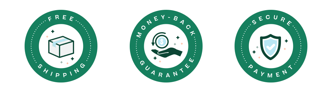 graphic showcasing badges for secure payment money-back guarantees, and free shipping
