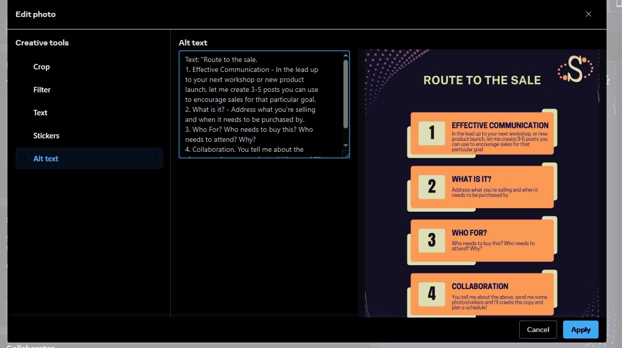 Example of inputting alt text for a social media graphic
