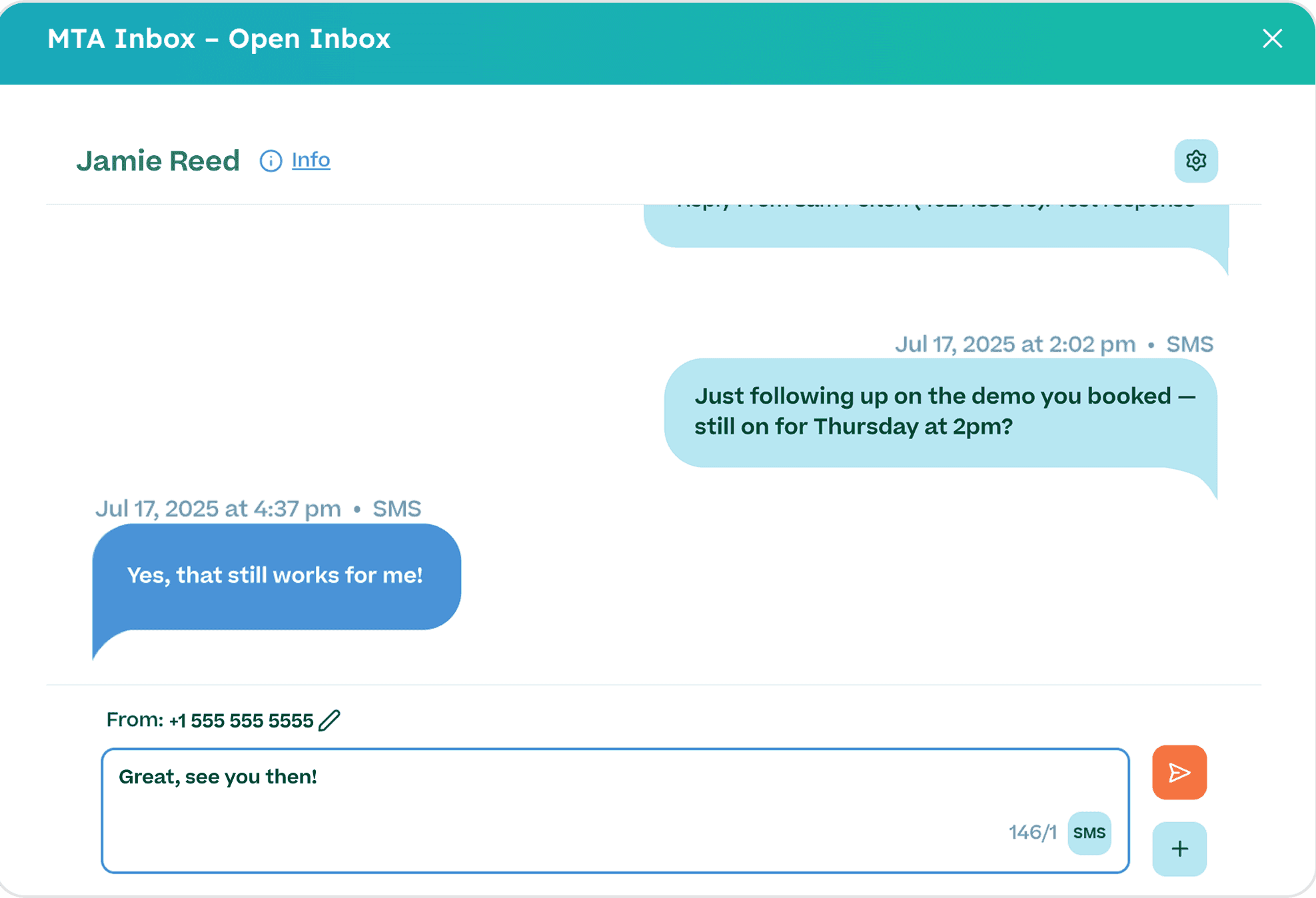 Manage two-way SMS conversations with contacts directly in HubSpot using the Mobile Text Alerts inbox for real-time messaging