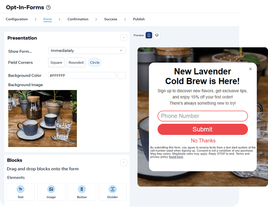 Opt-In Forms Form Tab Preview. New Lavender Cold Brew Here!