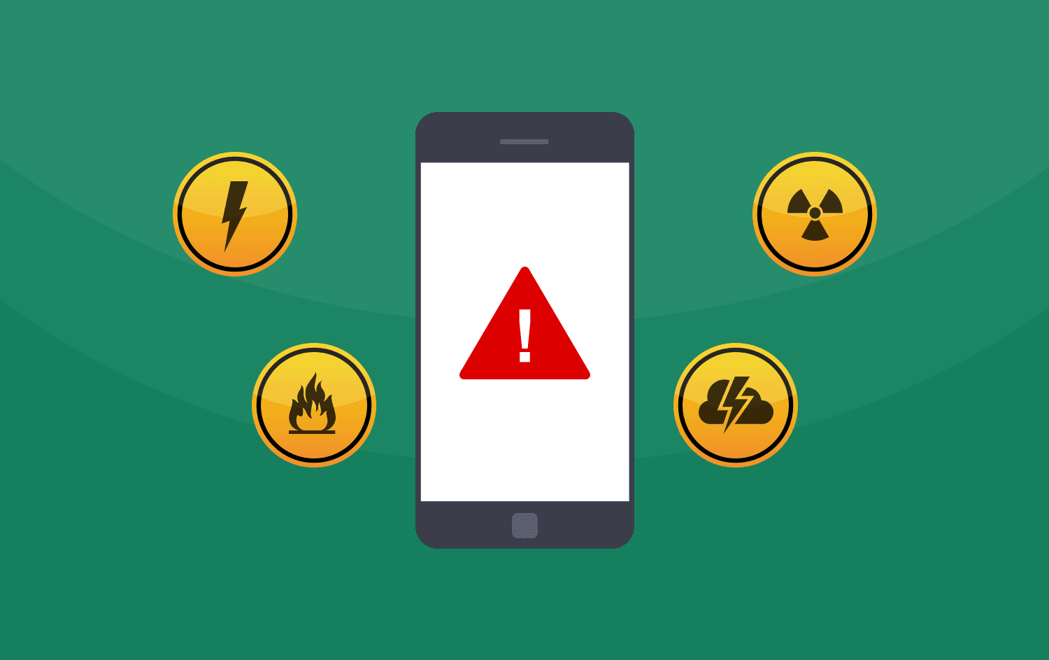 Cartoon representation of various safety threats such as severe weather, a hazardous spill, and a power outage, with “warning” symbol and a smartphone