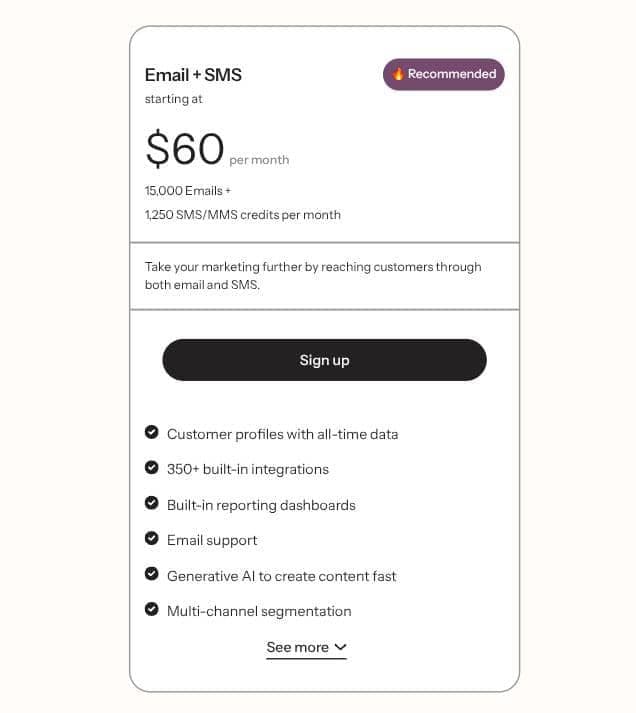 Screenshot of Klaviyo pricing
