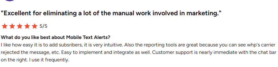 G2 review on Mobile Text Alerts