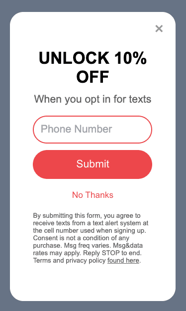 Screenshot showing Mobile Text Alerts pop-up
