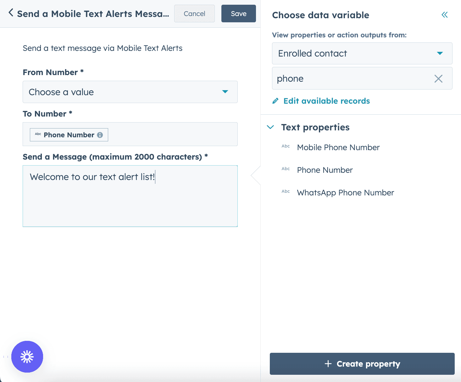 Setting up a send a message action in HubSpot