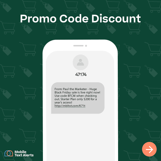 "promo code" Black Friday text message