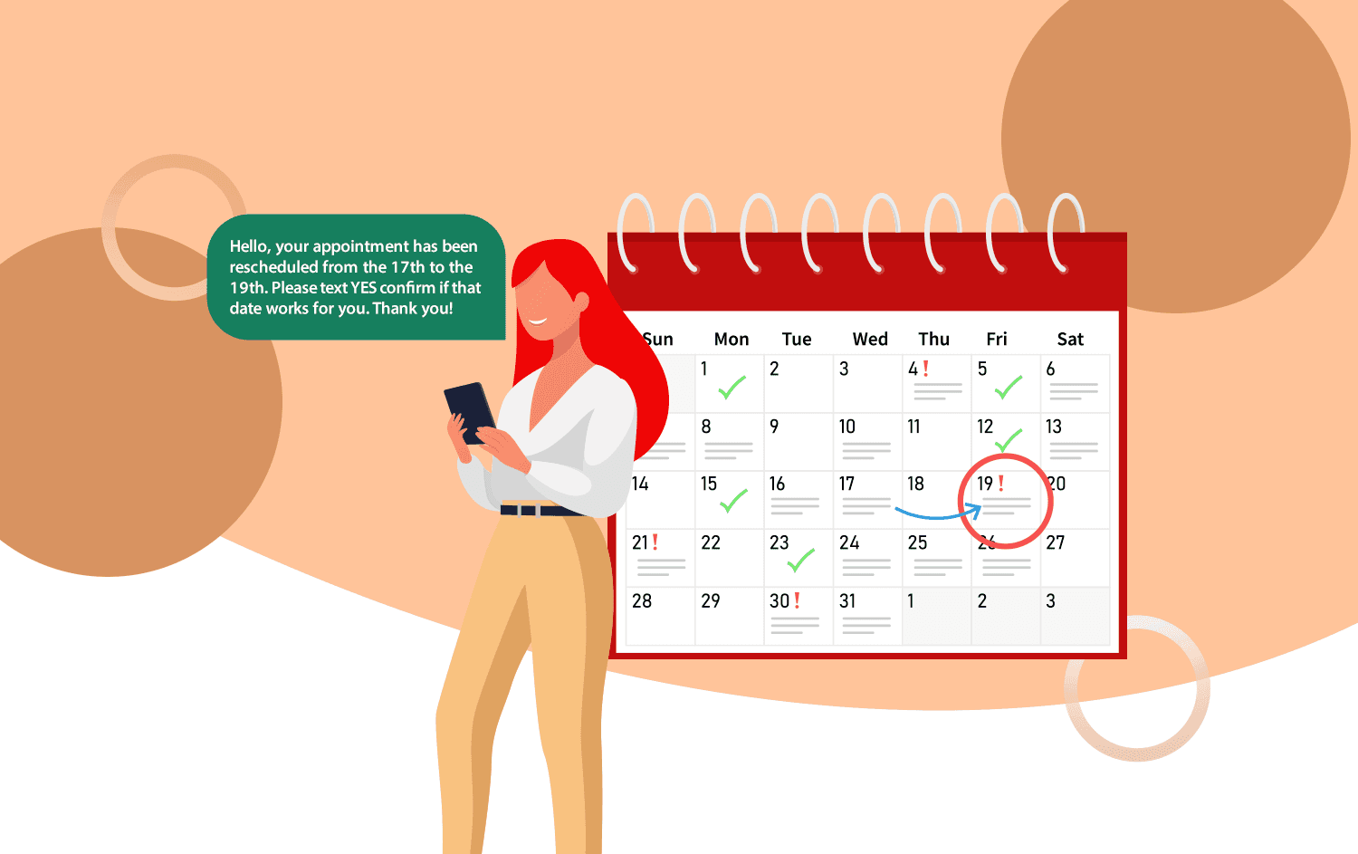 cartoon representation of a cluttered calendar and a smiling person receiving a text message with the text message bubble being visually connected to one of the cluttered calendar notices