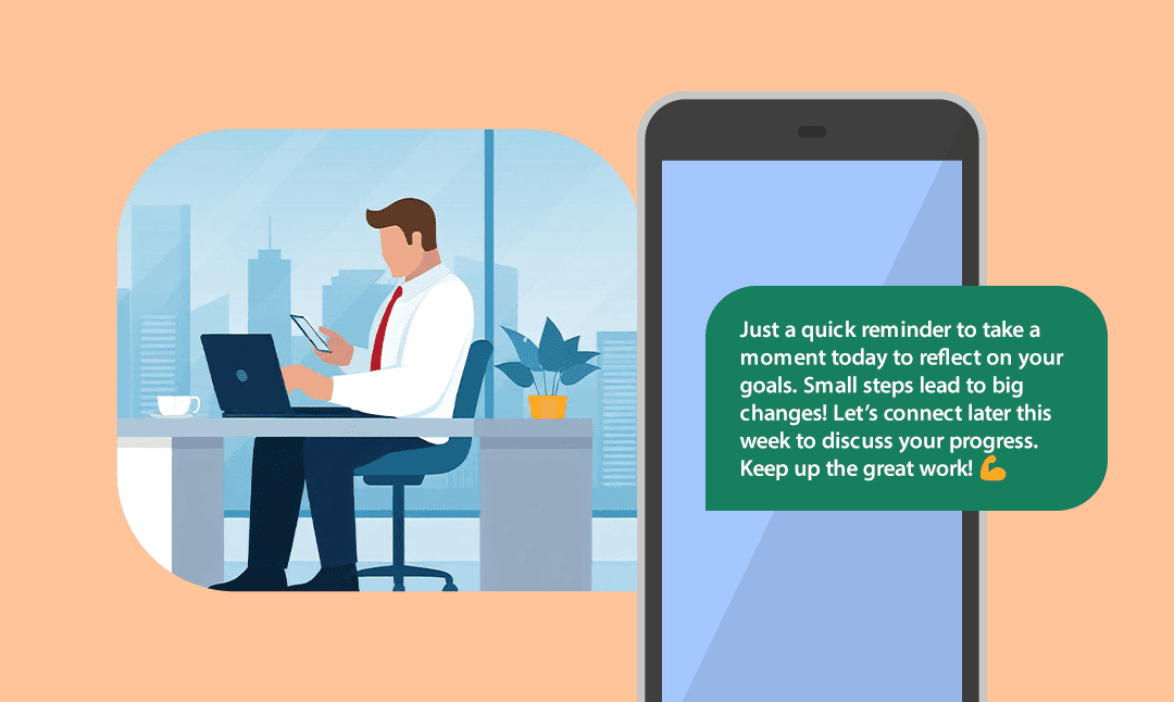 cartoon representation of business coach sending a text message to their coaching client