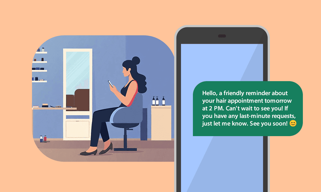 cartoon representation of hair stylist sending SMS to a client