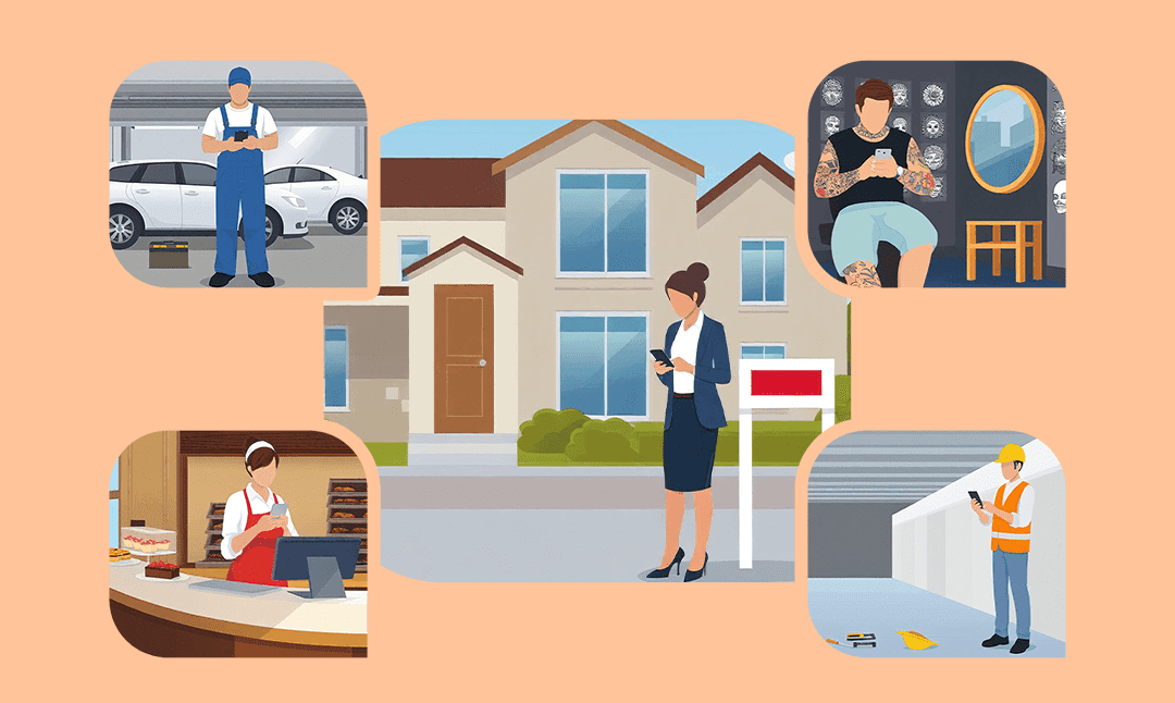 cartoon representation of multiple different kinds of people (mechanic, general contractor, tattoo artist, etc.) sending SMS to their clients