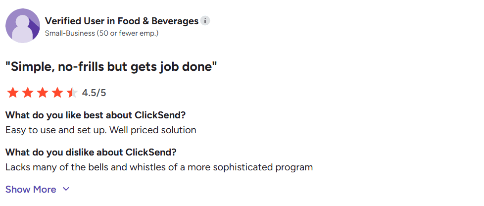 Screenshot of Clicksend review from G2