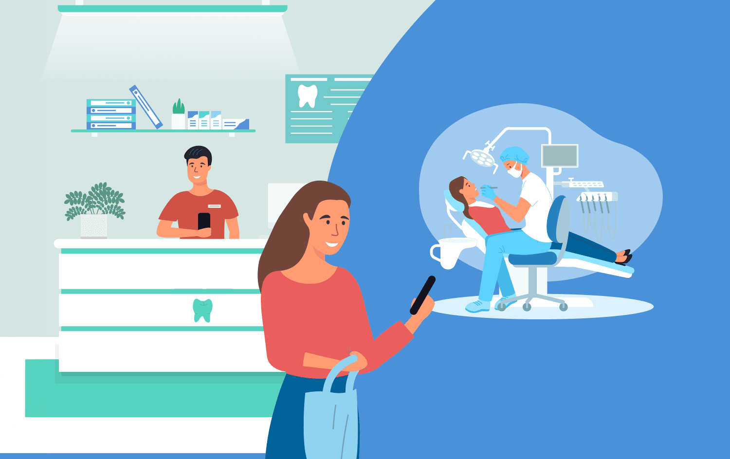 Cartoon representation of dentist sending text message to patient and then patient coming in for a cleaning