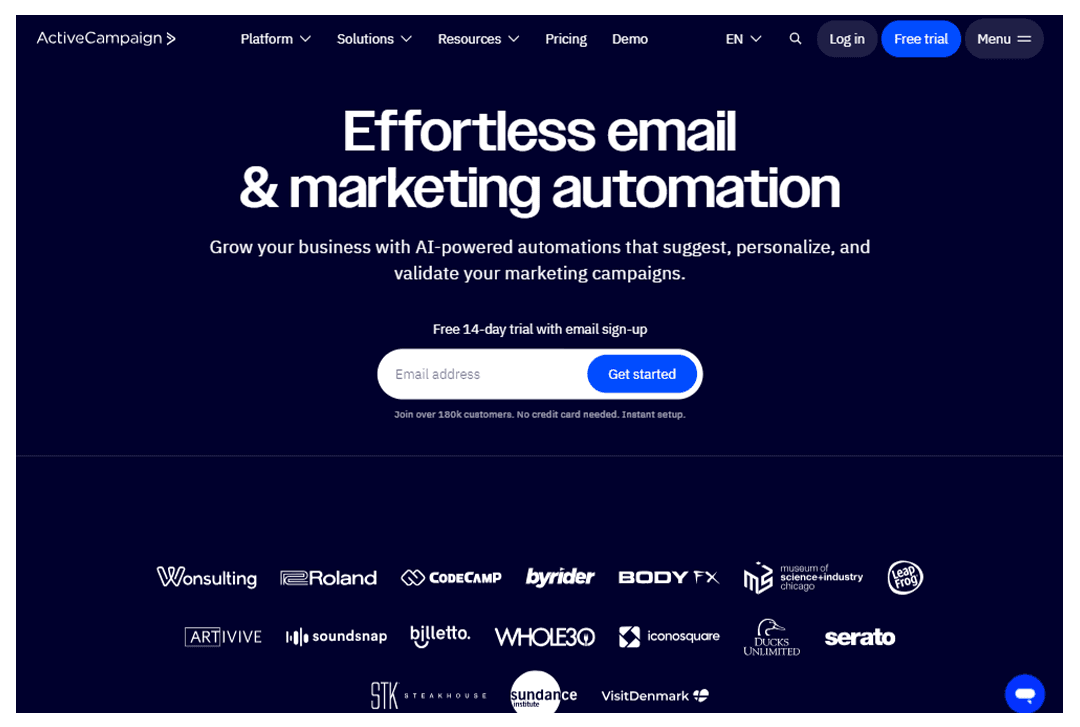 Active Campaign home page