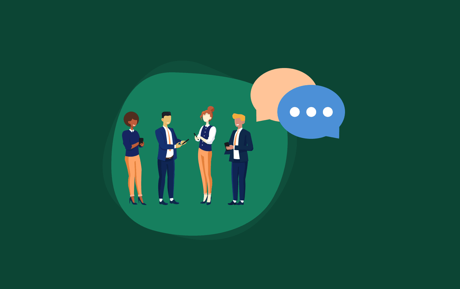 Cartoon representation of people in business attire receiving text messages and looking pleased about it