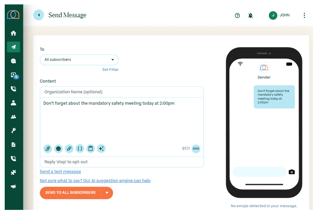 Screenshot of “Send a Message” page with a message typed out: Don’t forget about the mandatory safety meeting today at 2:00pm
