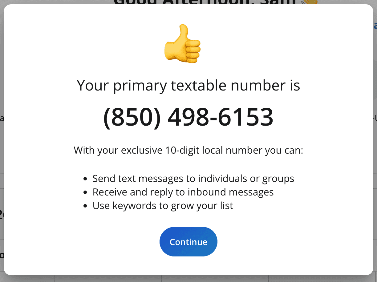 Screenshot of EZ Texting number registration process