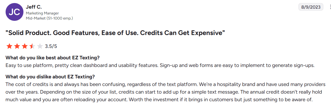 Screenshot of EZ Texting review from G2