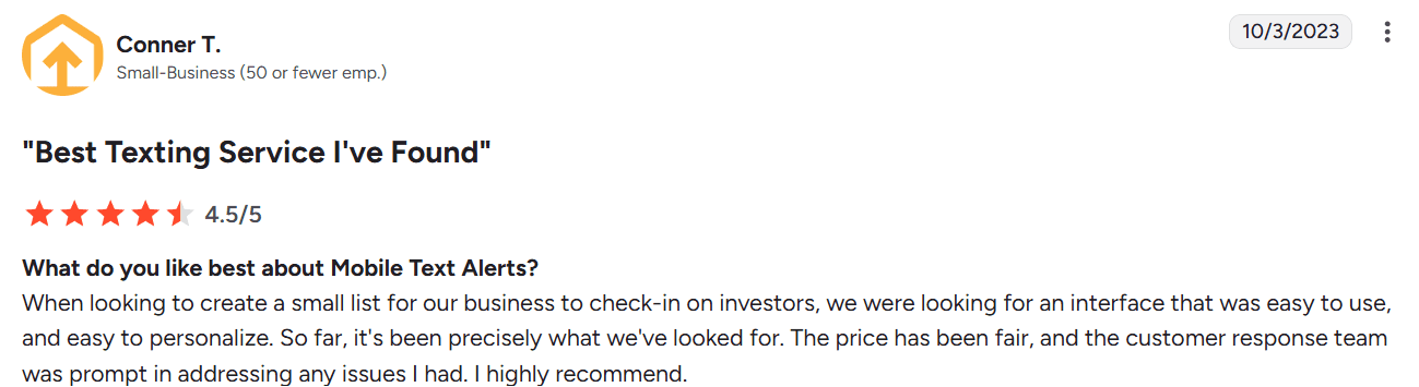 Screenshot of G2 review of Mobile Text Alerts