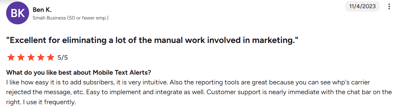 Screenshot of G2 review of Mobile Text Alerts