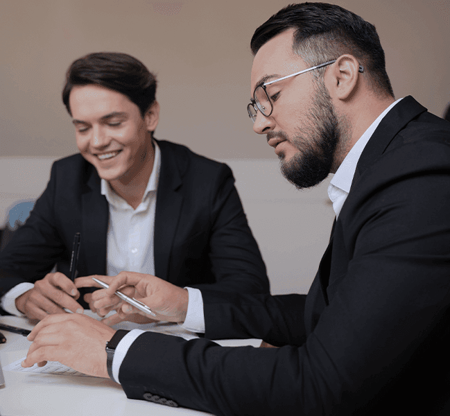 Happy business people talking