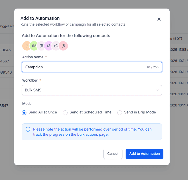 Screenshot of HighLevel SMS integration campaign setup