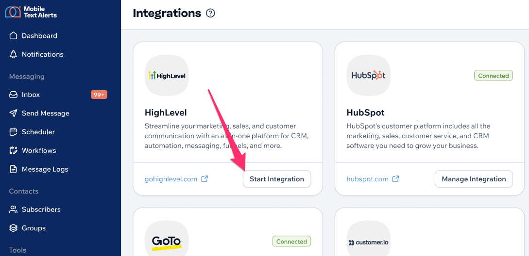 Screenshot of HighLevel SMS integration sync button