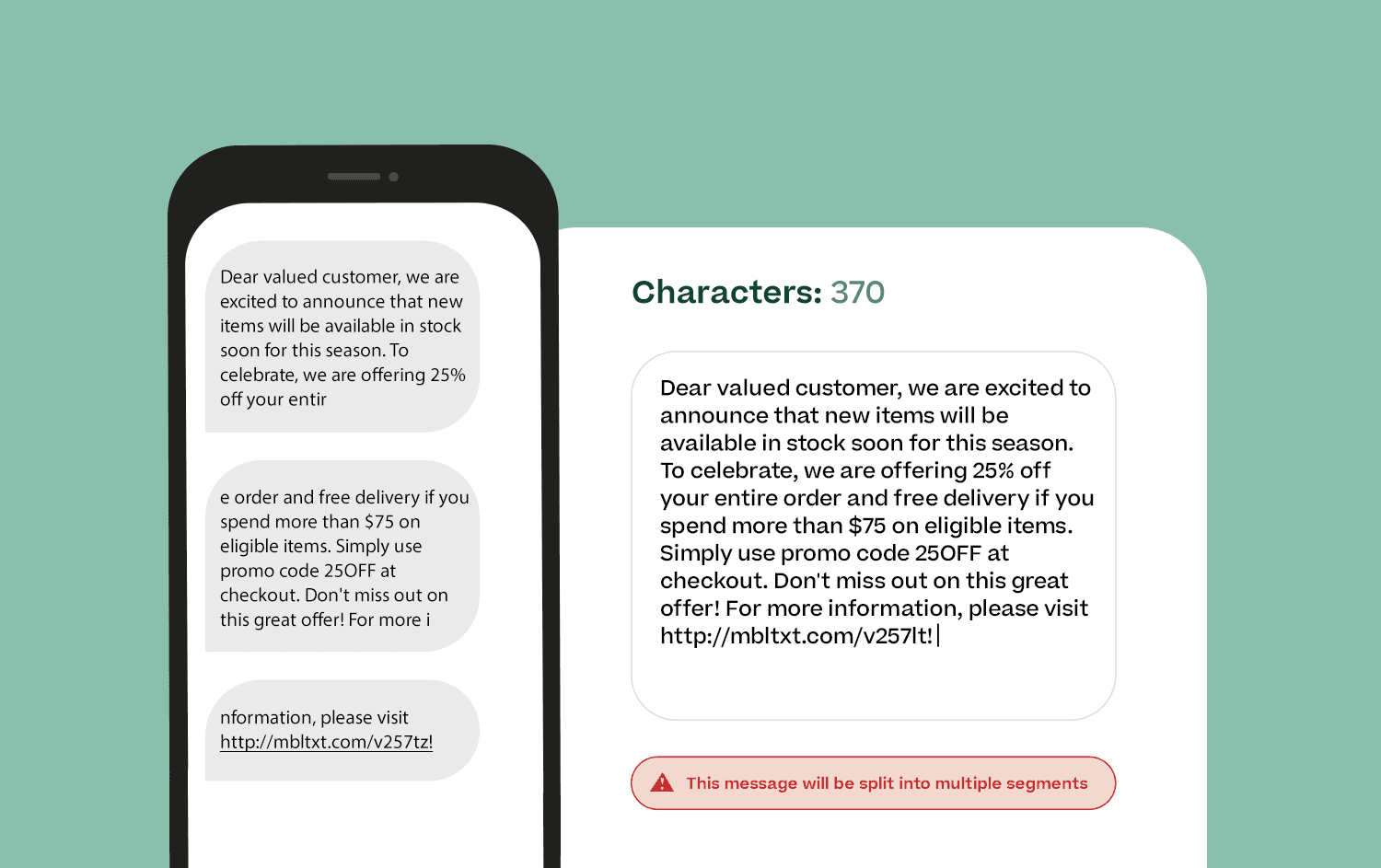 Cartoon representation of a smartphone displaying a text message with a long character count and a warning message that the message will be split into multiple segments