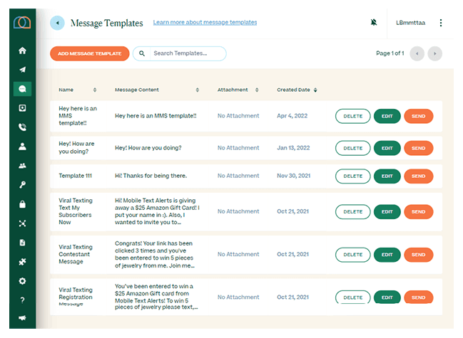 Screenshot of message templates page