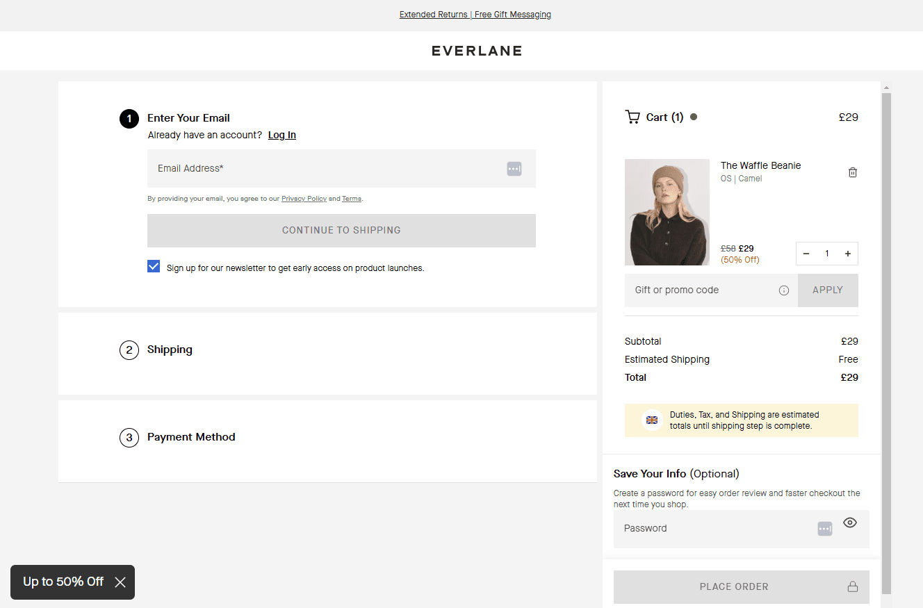 Cart checkout for Everlane
