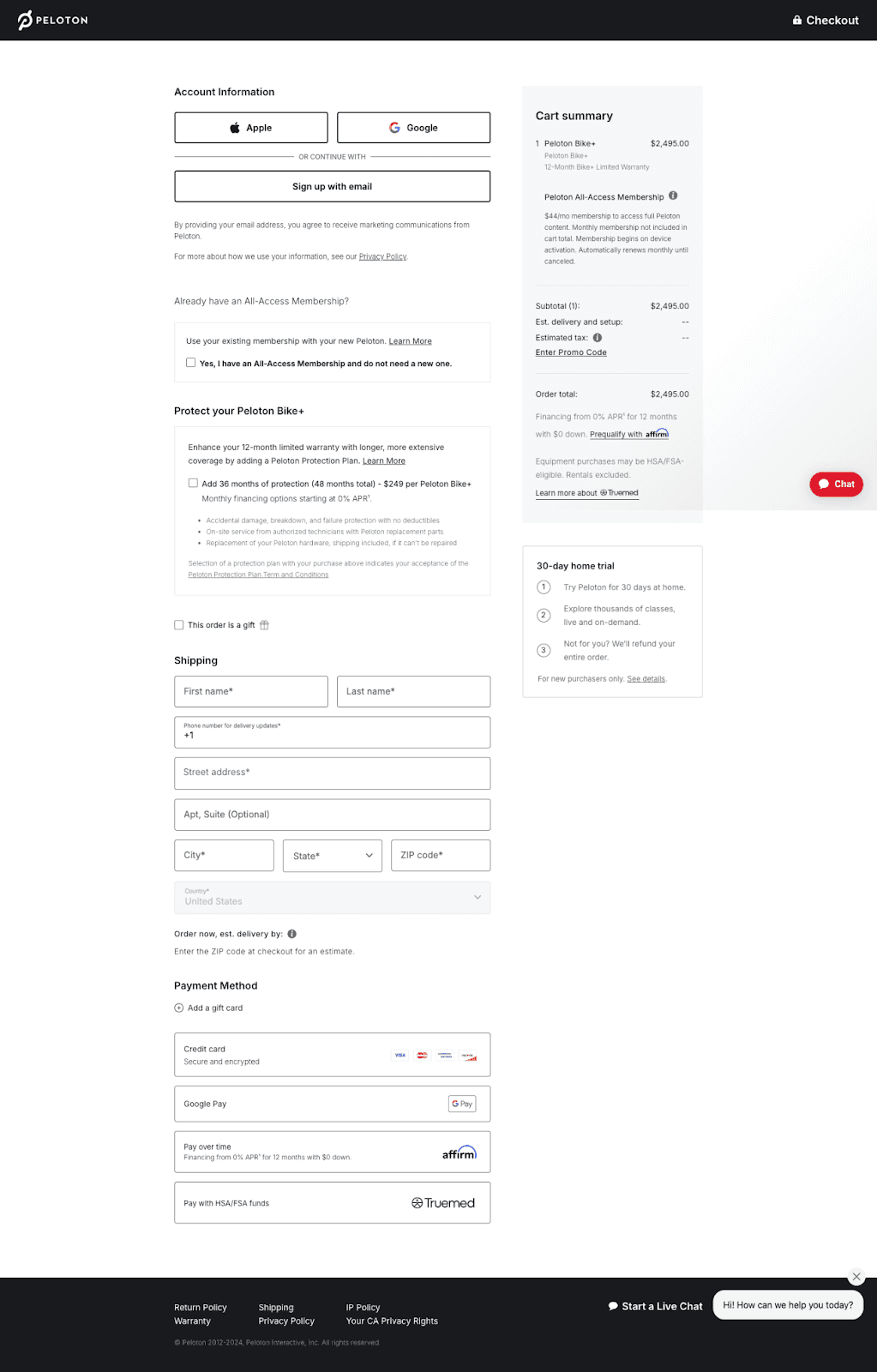 Form to sign up for an account with Peloton