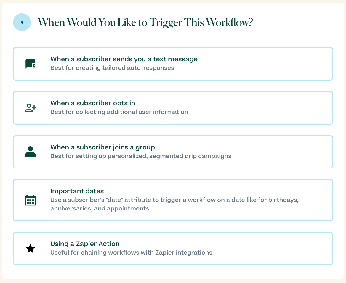 Screenshot showing different kinds of triggers you can set up for SMS workflows