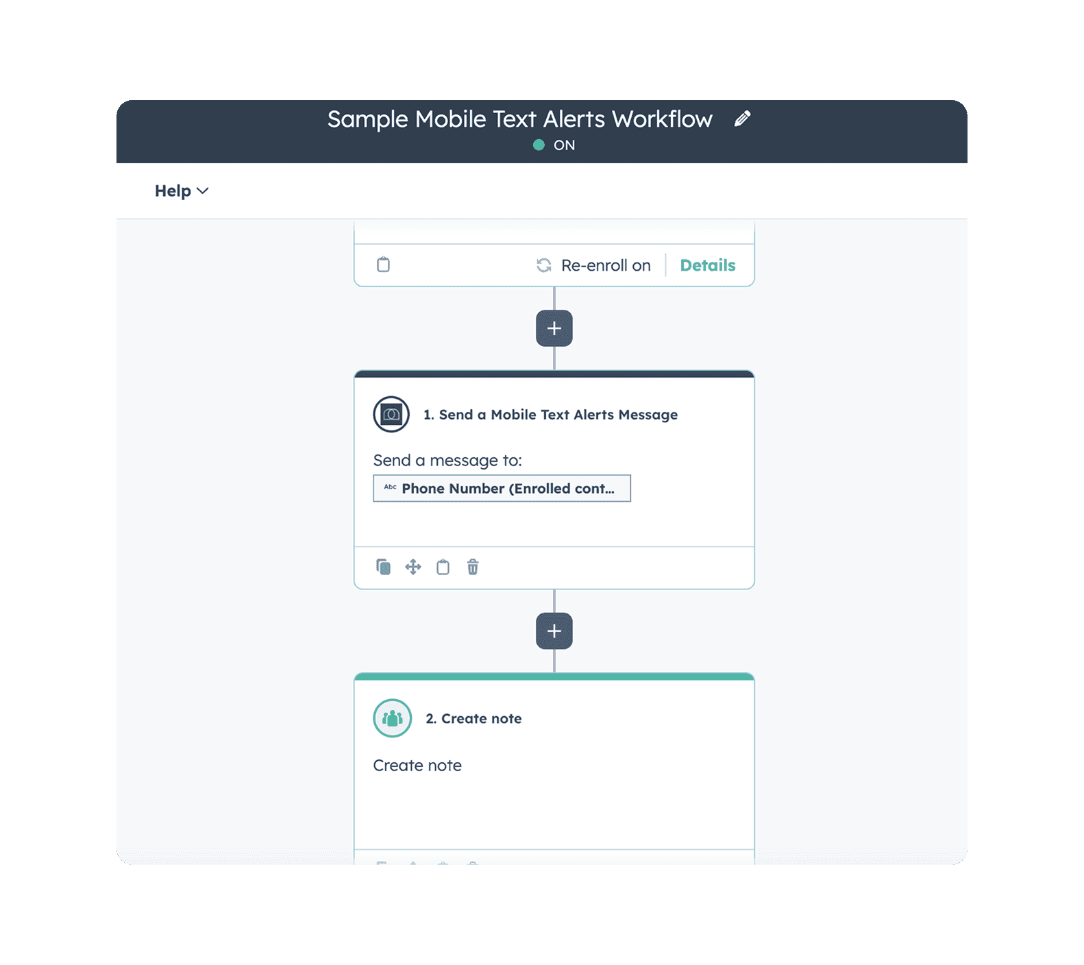 Send automated SMS messages and log notes in HubSpot using a live Mobile Text Alerts workflow with step-by-step action configuration